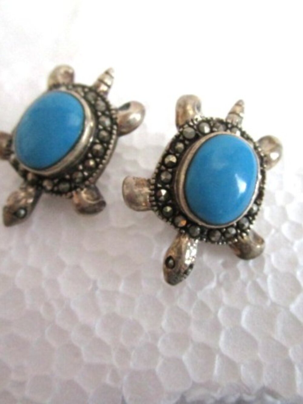 Vintage Turquoise Turtle Sterling Silver 925 Marcasite Earrings